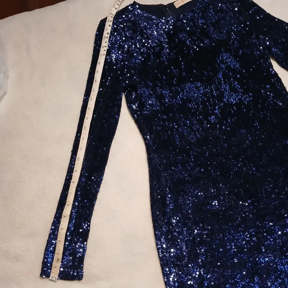 Tory Burch Sequin Dress Navy Size S/P Long Sleeve Midi Length Knit